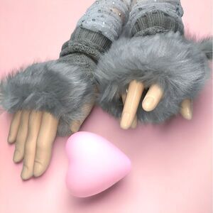 SXY l Elegant Silver Arm Sleeves Shimmery & Sheer, Gray Fuzzy, Fingerless Gloves